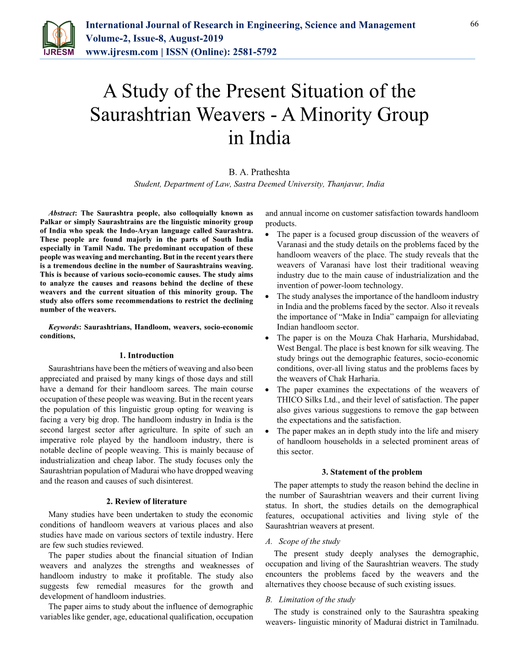 A Study of the Present Situation of the Saurashtrian Weavers - a Minority Group in India