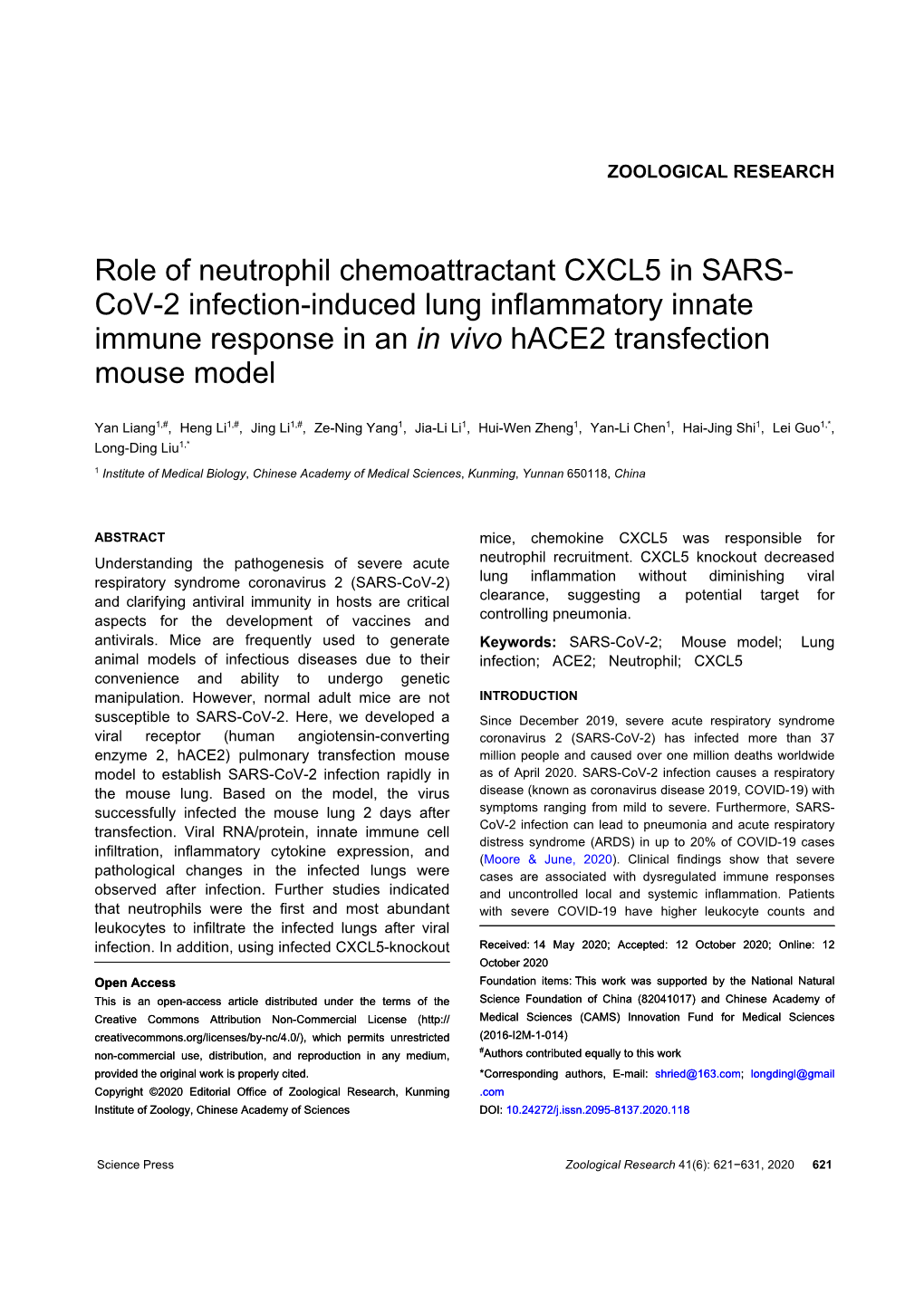 Role of Neutrophil Chemoattractant CXCL5 in SARS- Cov-2 Infection-Induced Lung Inflammatory Innate Immune Response in an in Vivo Hace2 Transfection Mouse Model