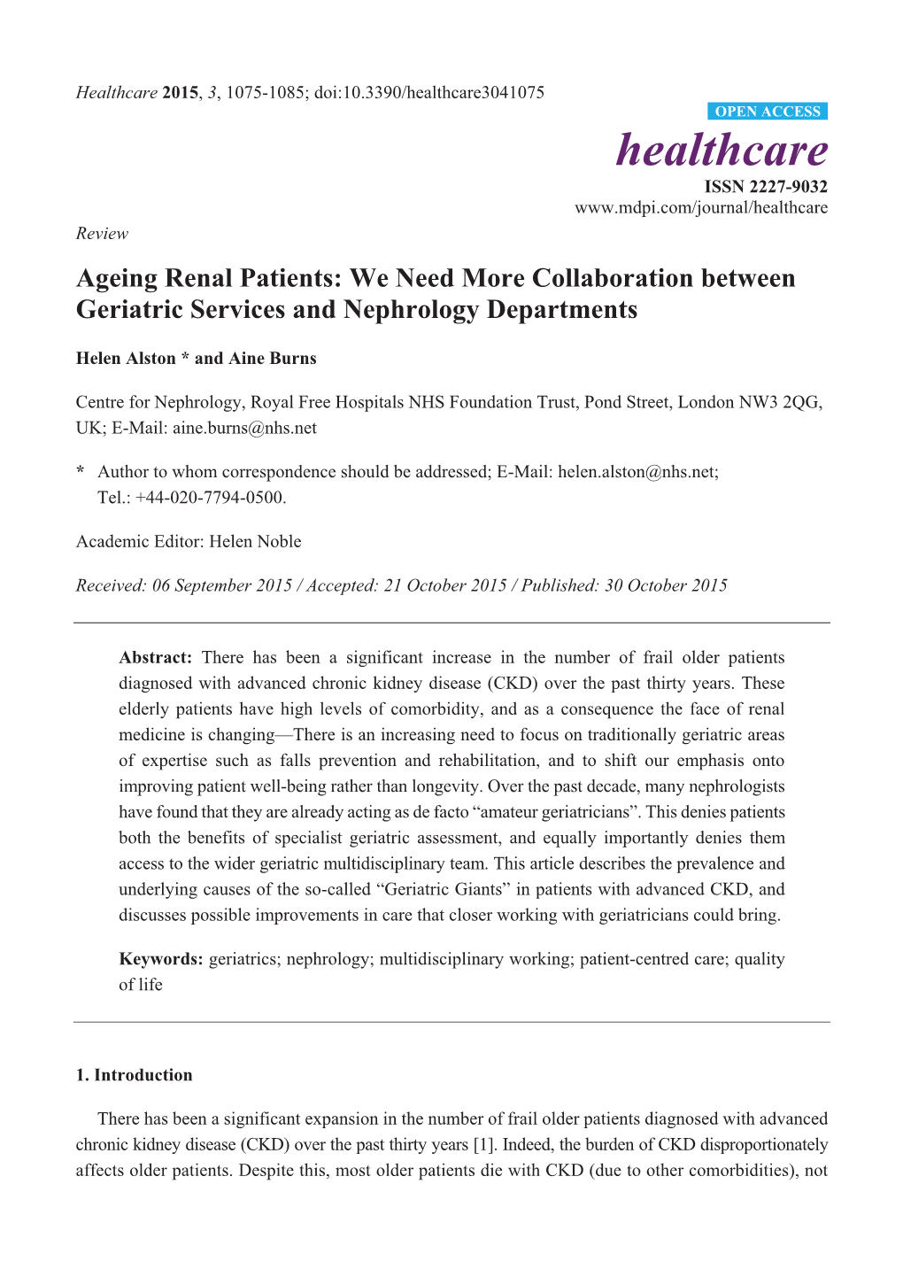 Ageing Renal Patients: We Need More Collaboration Between Geriatric Services and Nephrology Departments