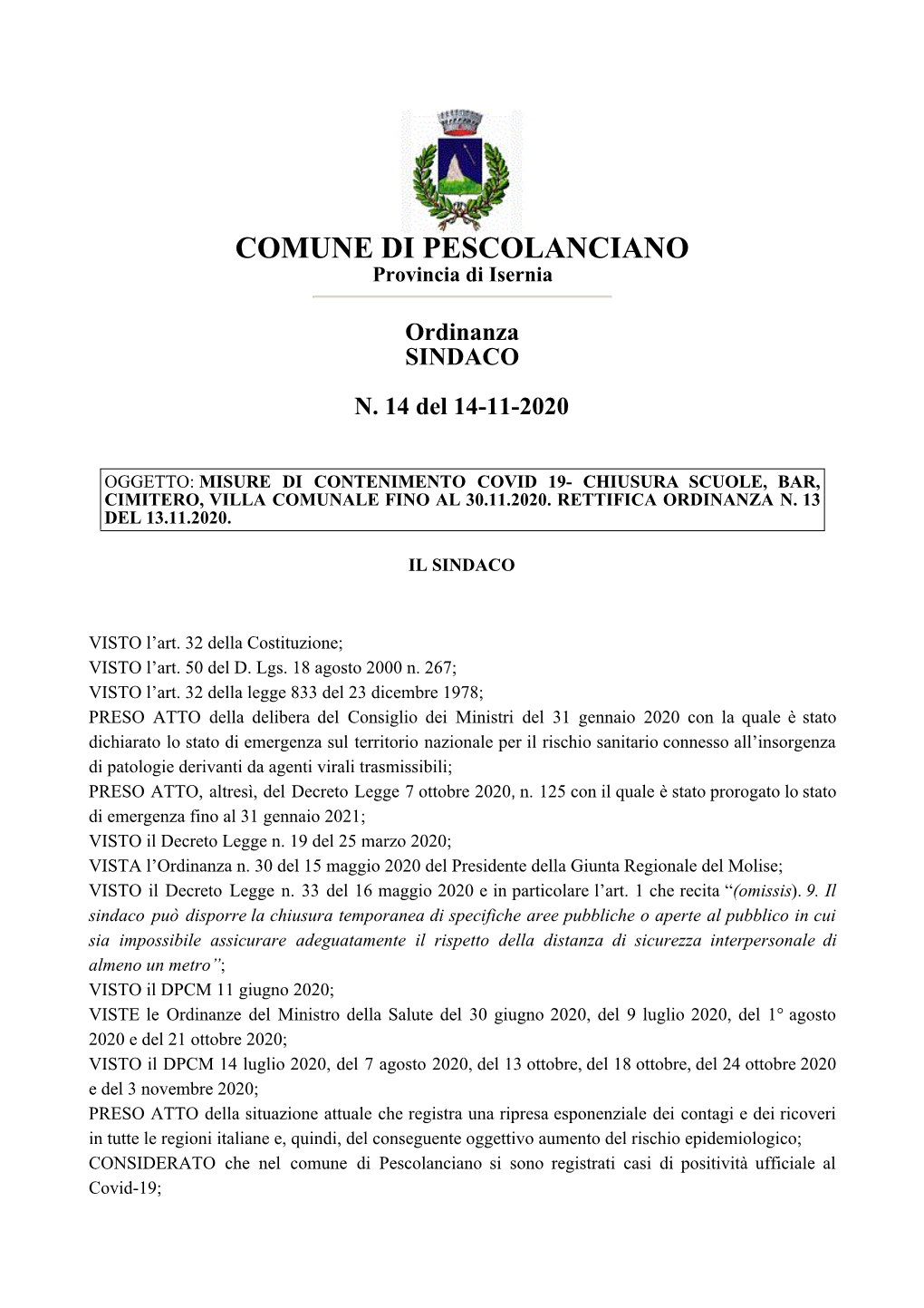 COMUNE DI PESCOLANCIANO Provincia Di Isernia