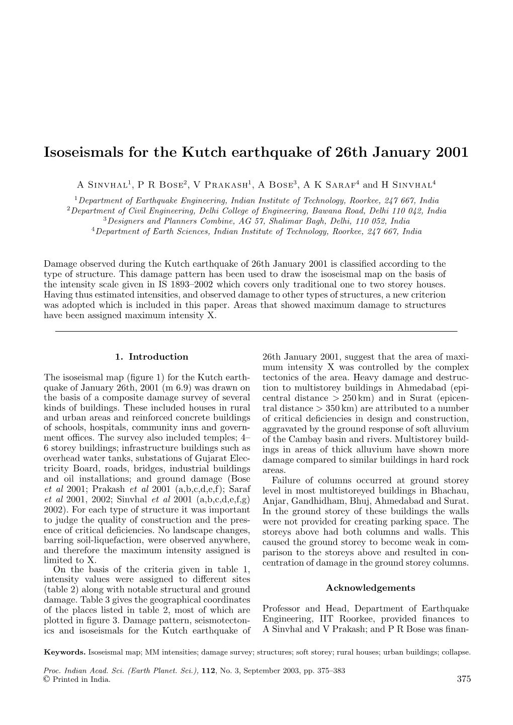 Isoseismals for the Kutch Earthquake of 26Th January 2001