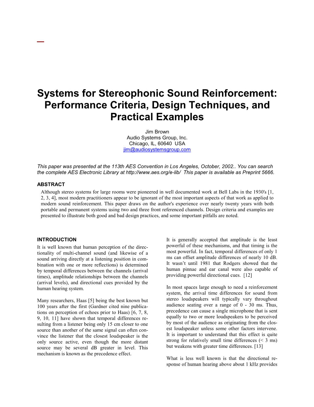 Systems for Stereophonic Sound Reinforcement: Performance Criteria, Design Techniques, and Practical Examples