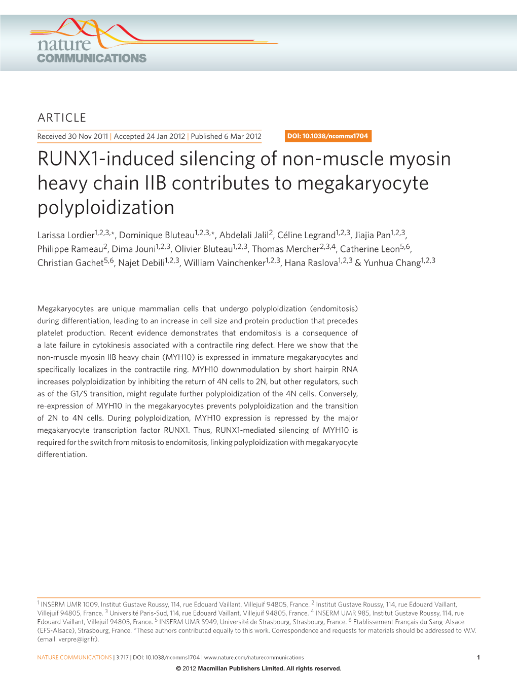 RUNX1-Induced Silencing of Non-Muscle Myosin Heavy Chain IIB Contributes to Megakaryocyte Polyploidization