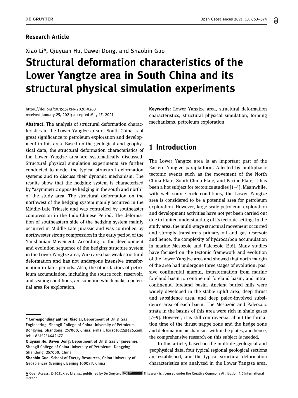 Structural Deformation Characteristics of the Lower Yangtze Area in South China and Its Structural Physical Simulation Experiments