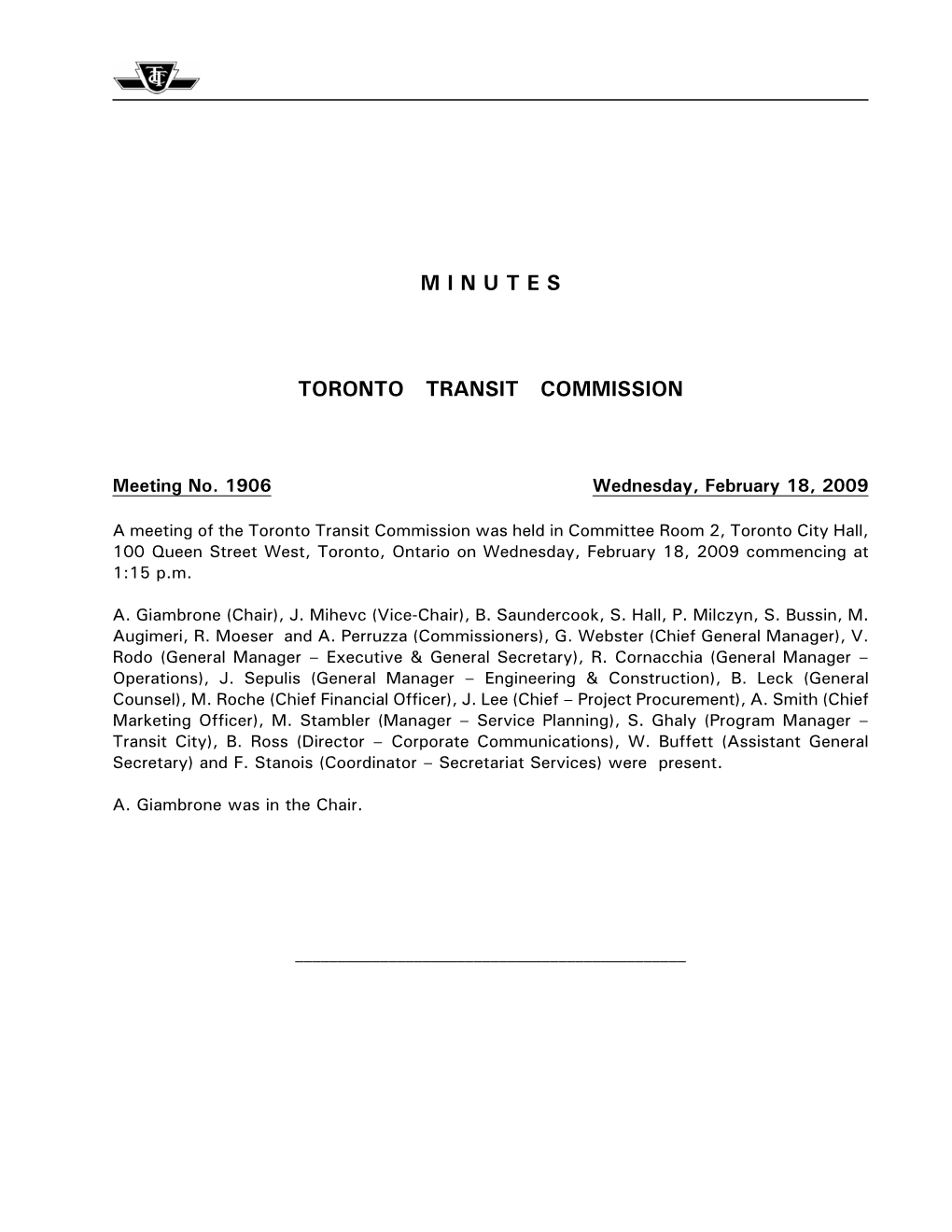 Minutes Toronto Transit Commission