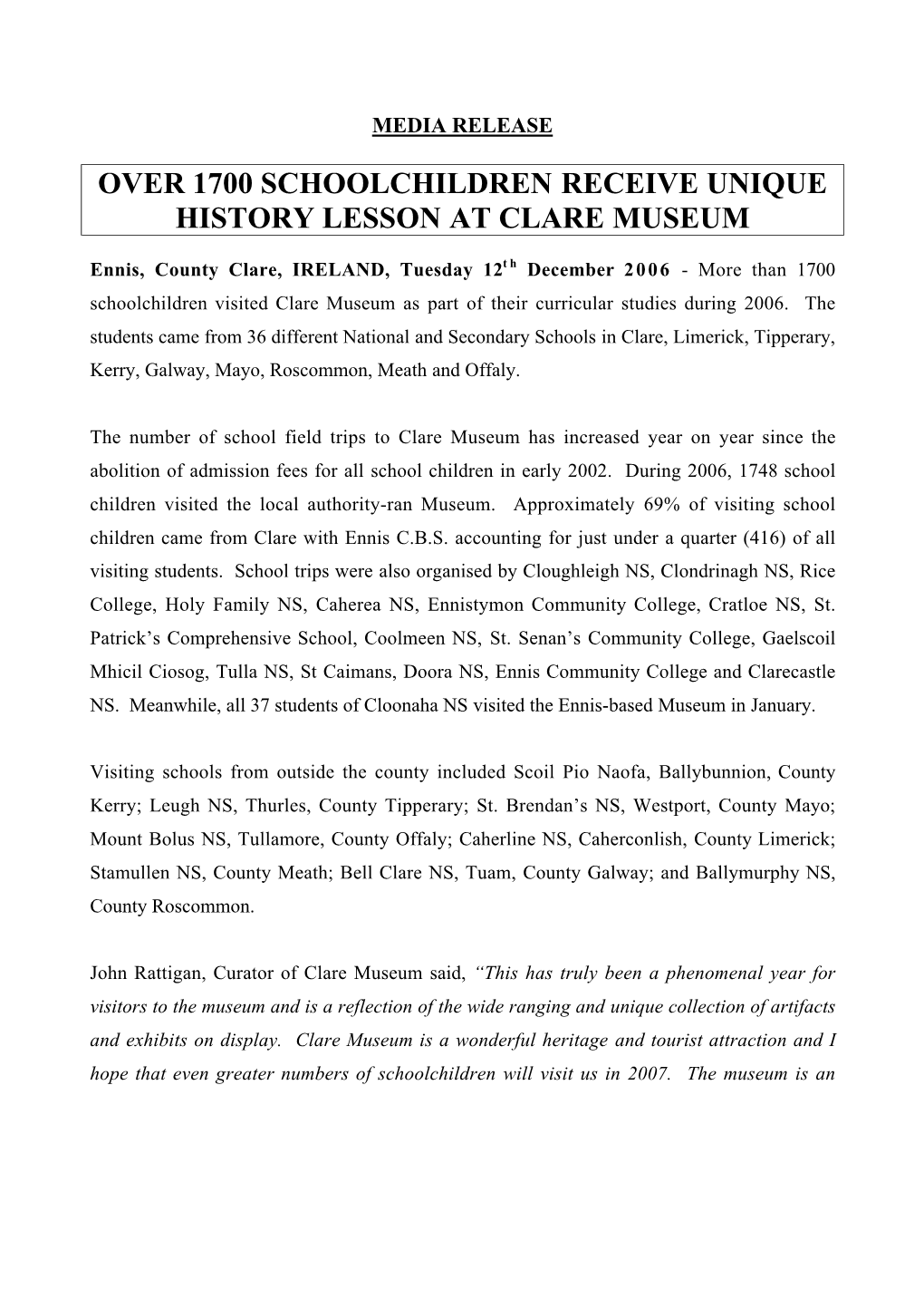 Over 1700 Schoolchildren Receive Unique History Lesson at Clare Museum