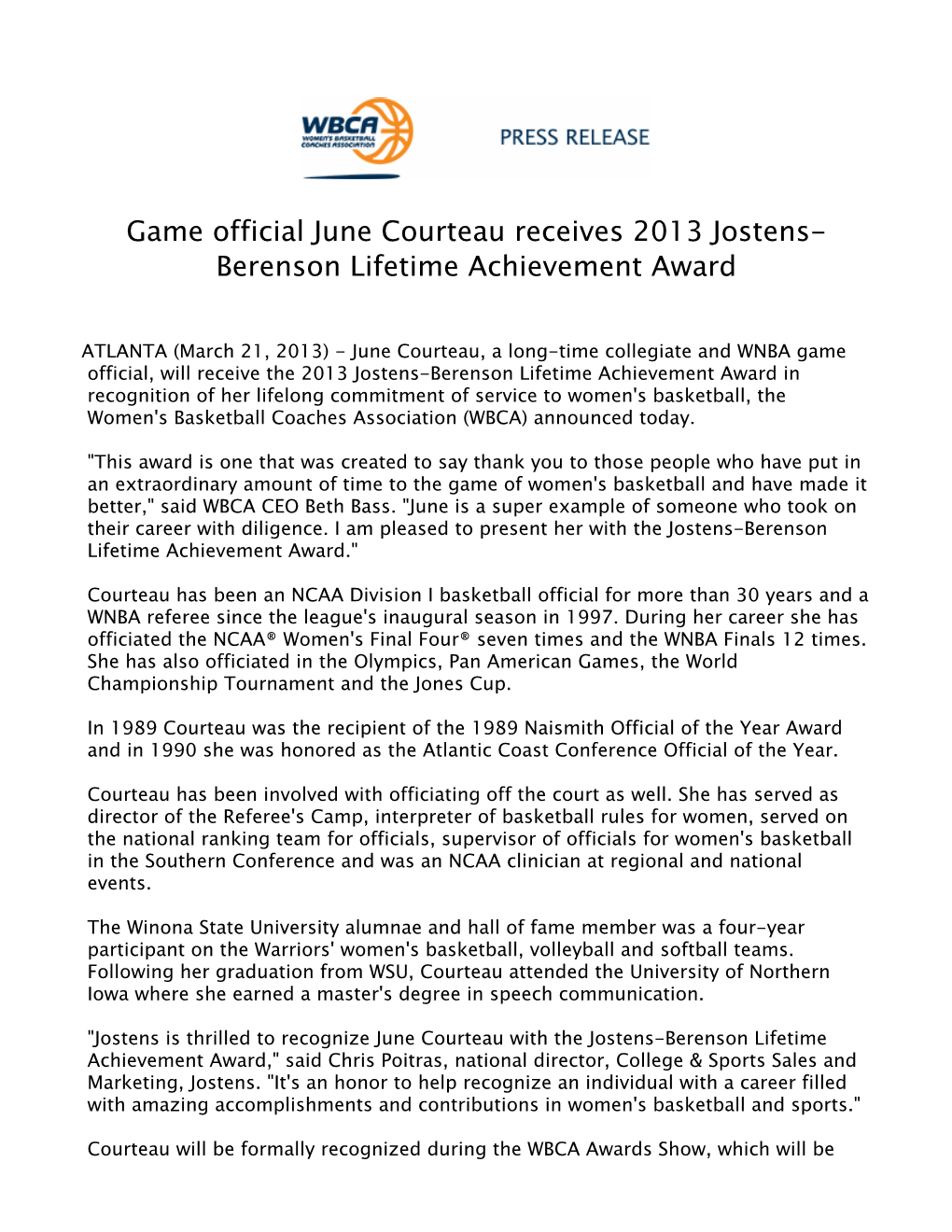 Game Official June Courteau Receives 2013 Jostens-Berenson Lifetime