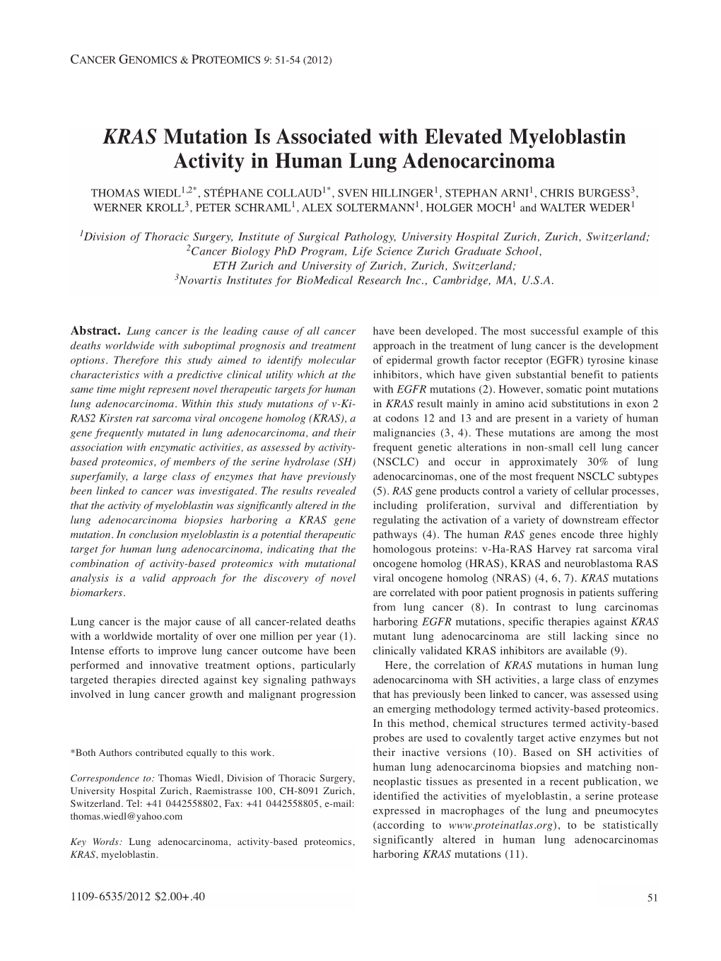 KRAS Mutation Is Associated with Elevated Myeloblastin Activity in Human Lung Adenocarcinoma