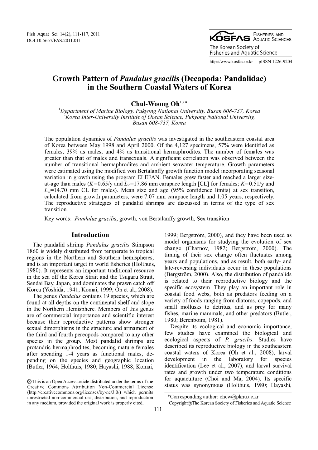 Growth Pattern of Pandalus Gracilis (Decapoda: Pandalidae) in the Southern Coastal Waters of Korea