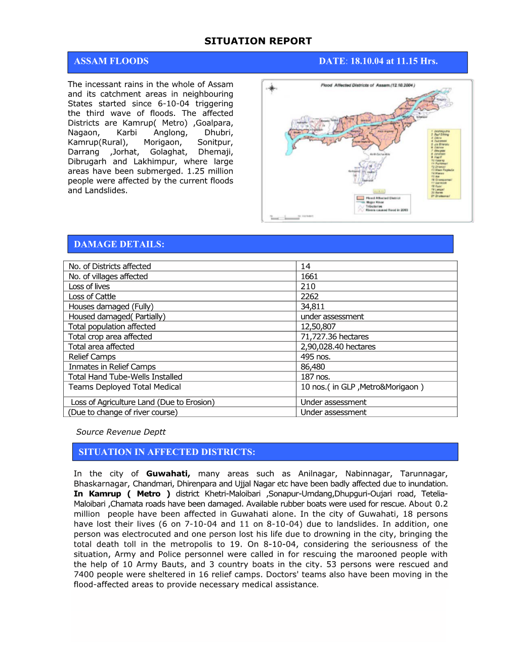 SITUATION REPORT ASSAM FLOODS DATE: 18.10.04 at 11.15 Hrs. DAMAGE DETAILS