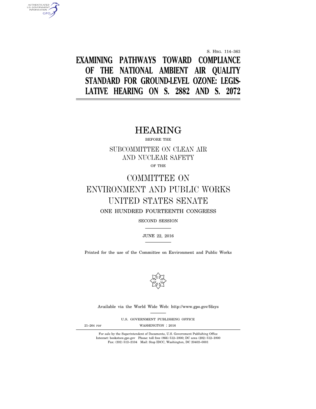 Examining Pathways Toward Compliance of the National Ambient Air Quality Standard for Ground-Level Ozone: Legis- Lative Hearing on S