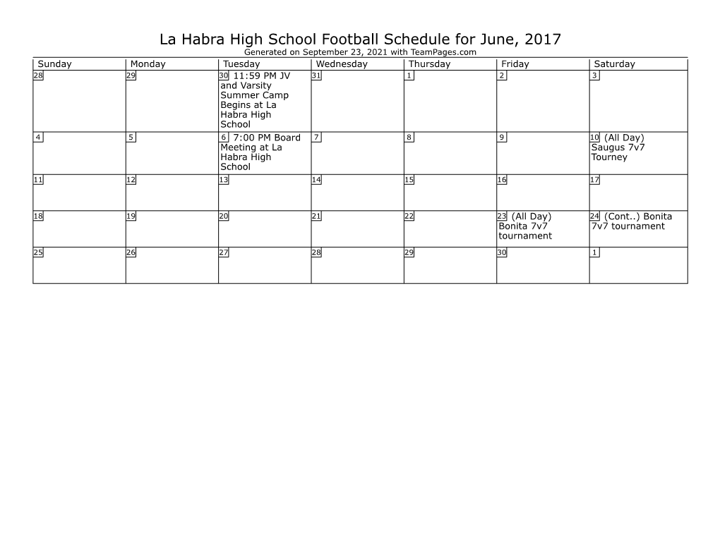 La Habra High School Football Schedule for June, 2017