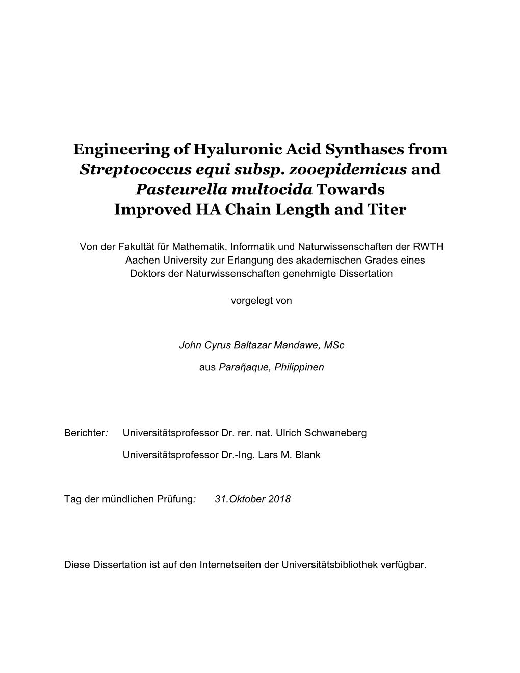 Engineering of Hyaluronic Acid Synthases from Streptococcus Equi Subsp