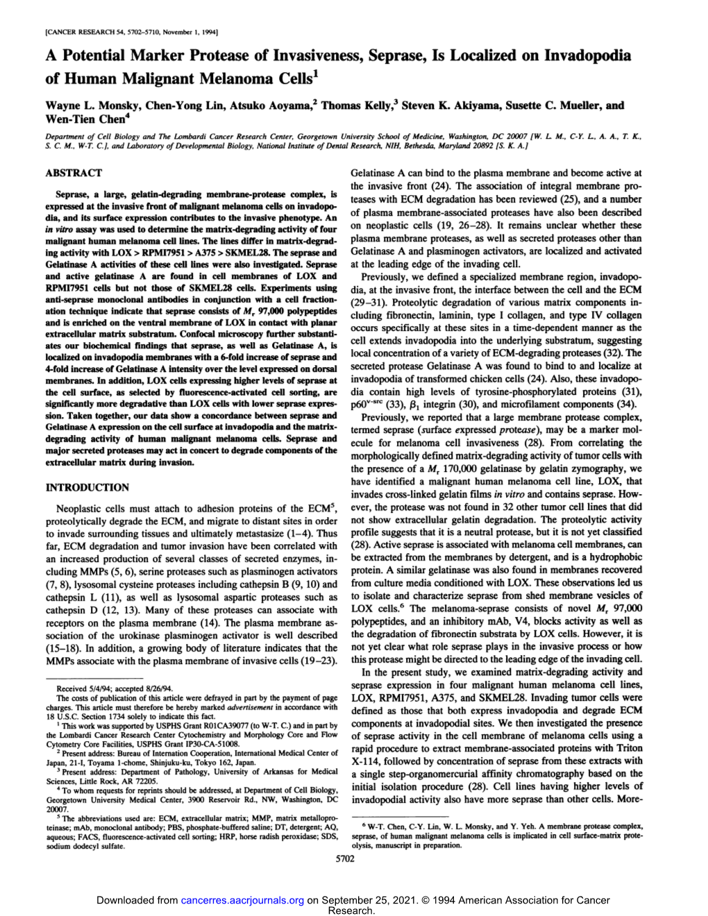 A Potential Marker Protease of Invasiveness, Seprase, Is Localized on Invadopodia of Human Malignant Melanoma Cells1