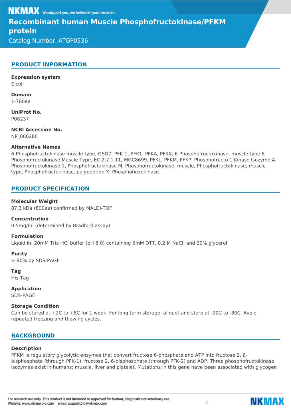 Recombinant Human Muscle Phosphofructokinase/PFKM Protein Catalog Number: ATGP0536