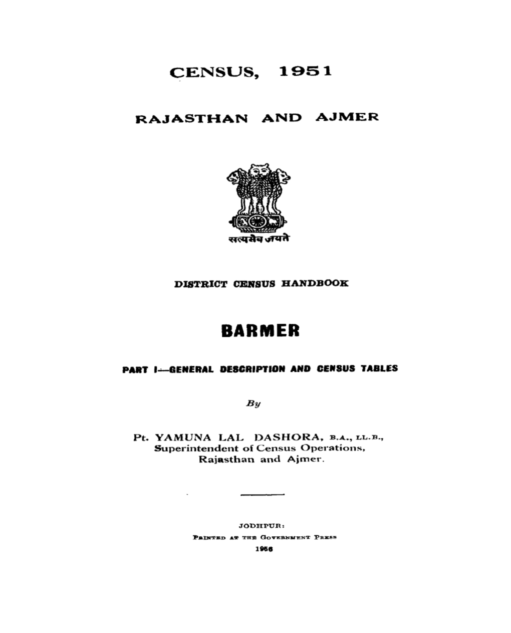 District Census Handbook, Barmer, Rajasthan