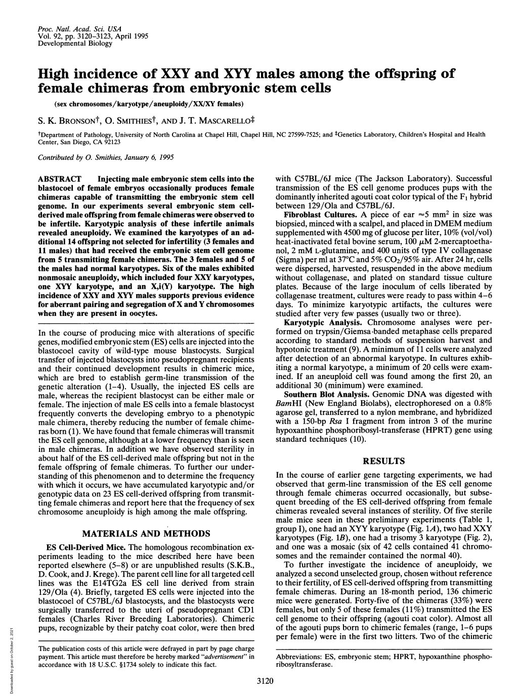 High Incidence of XXY and XYY Males Among the Offspring of Female Chimeras from Embryonic Stem Cells (Sex Chromosomes/Karyotype/Aneuploidy/XX/XY Females)