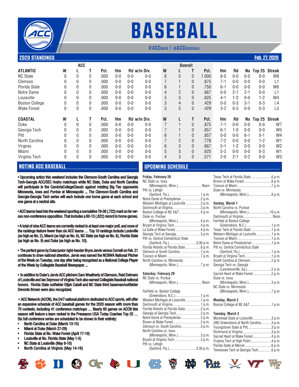 2020 STANDINGS Feb. 27, 2020 NOTING ACC BASEBALL
