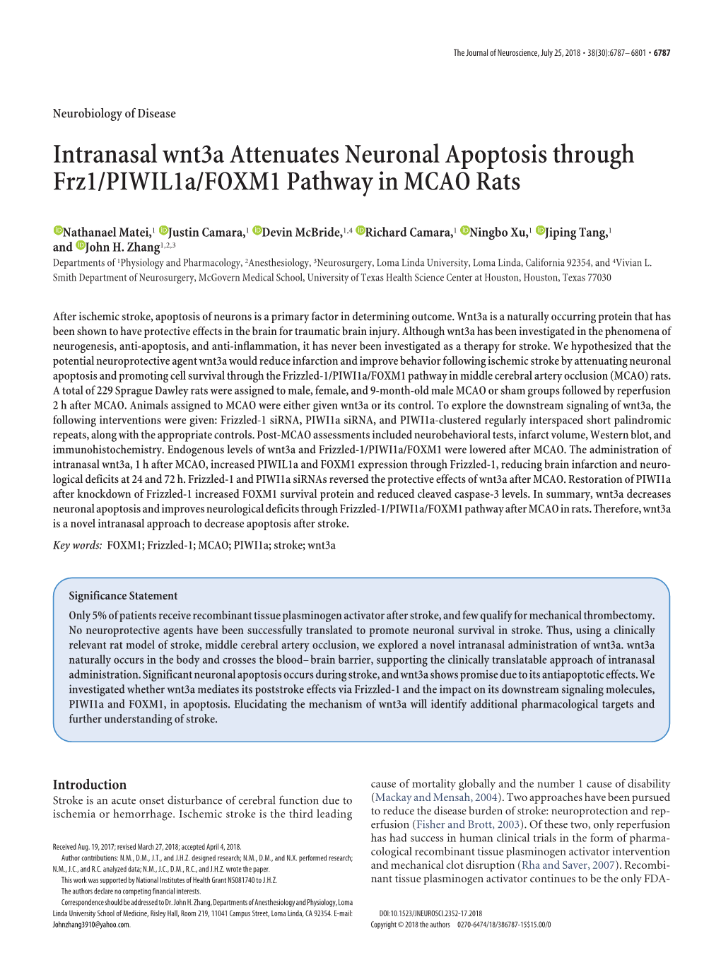 Intranasal Wnt3a Attenuates Neuronal Apoptosis Through Frz1/Piwil1a/FOXM1 Pathway in MCAO Rats