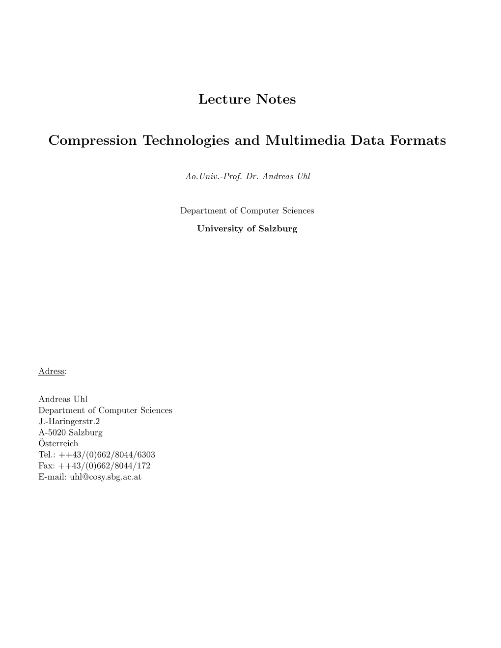 Lecture Notes Compression Technologies and Multimedia Data Formats