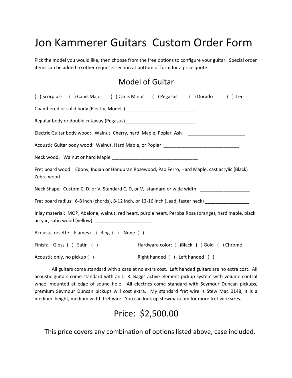 Jon Kammerer Guitars Custom Order Form