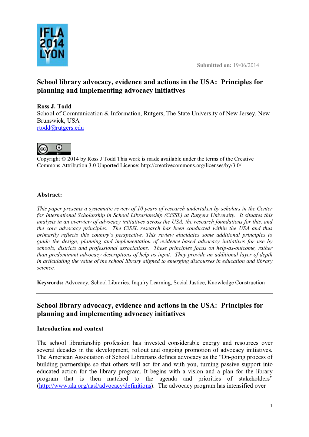 School Library Advocacy, Evidence and Actions in the USA: Principles for Planning and Implementing Advocacy Initiatives