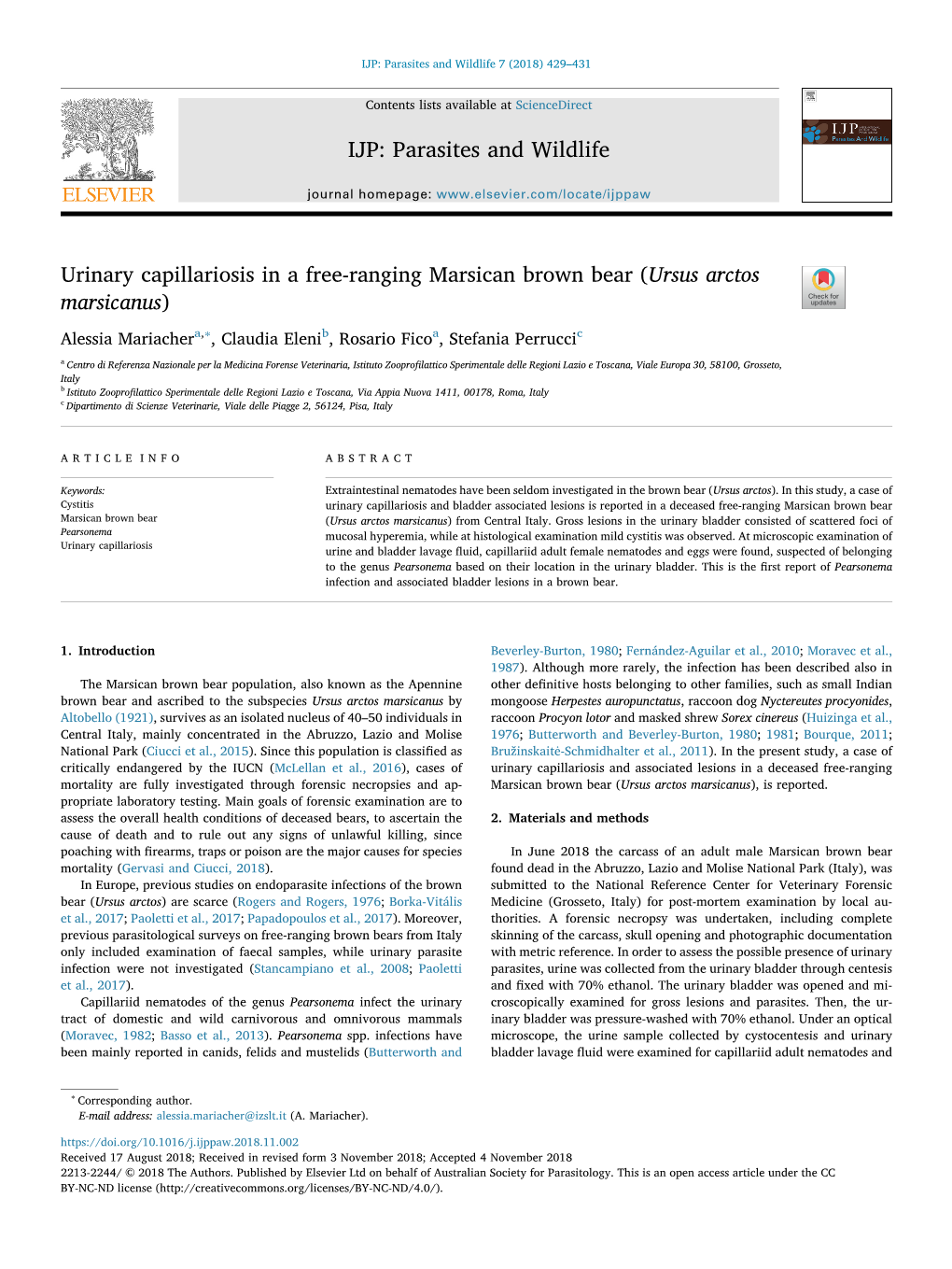 Urinary Capillariosis in a Free-Ranging Marsican Brown Bear (Ursus Arctos Marsicanus) T