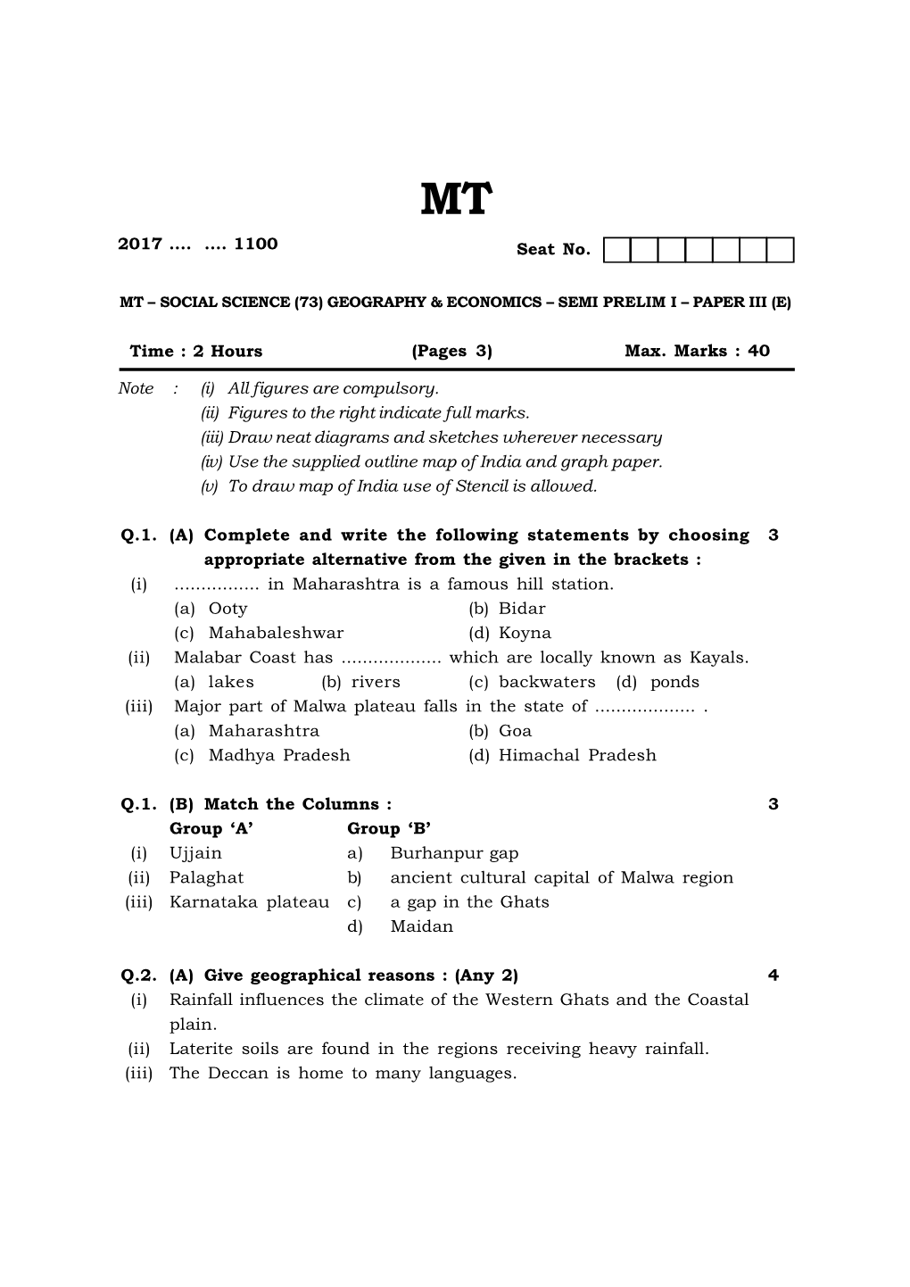 Draw Neat Diagrams and Sketches Wherever Necessary (Iv) Use the Supplied Outline Map of India and Graph Paper