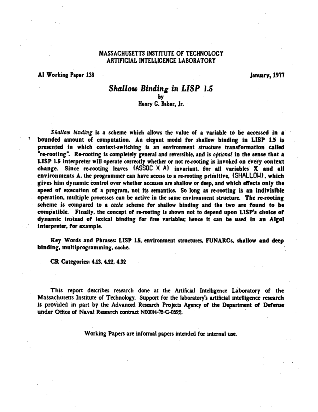 Shallow Binding in LISP 1.5 by Henry G.Baker, Jr