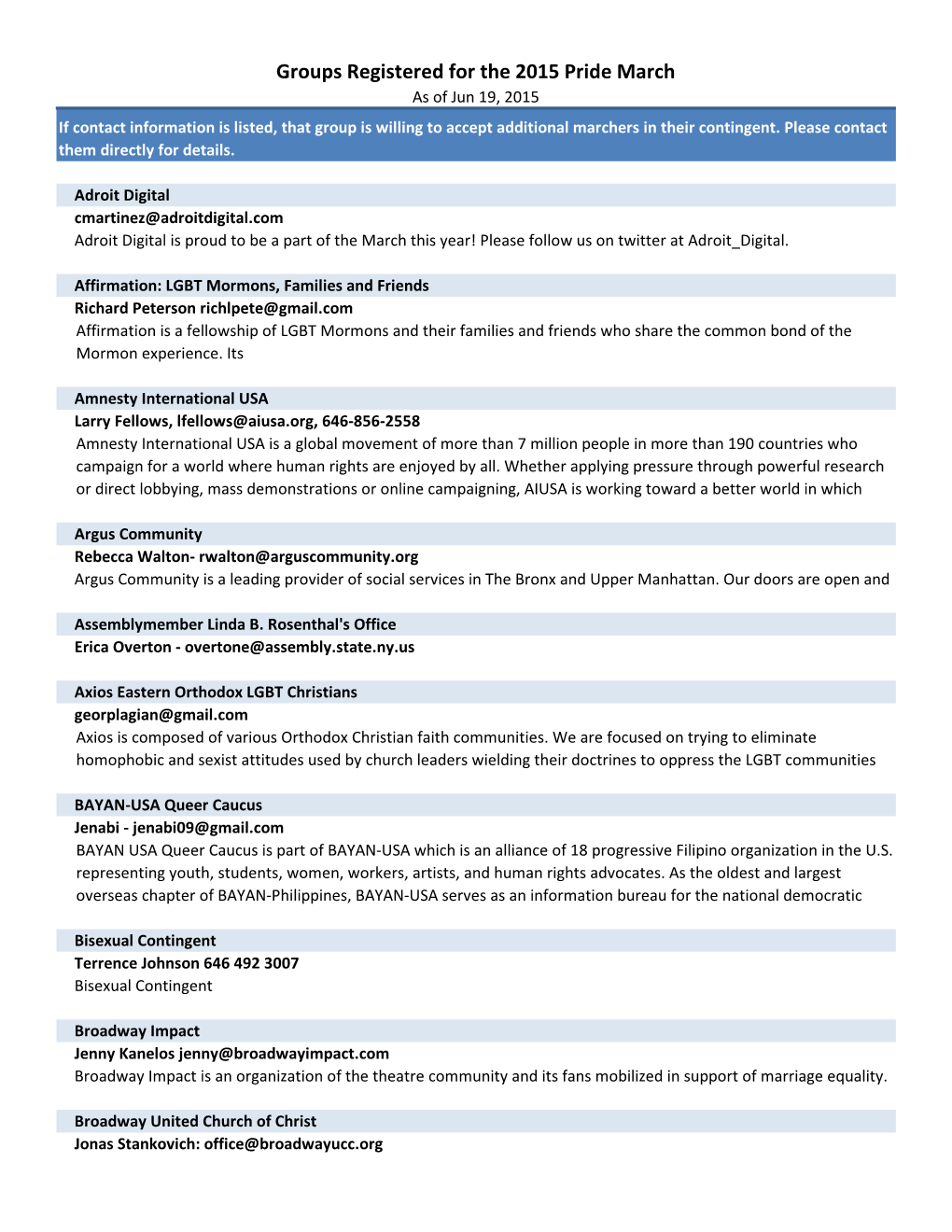 Groups Registered for the 2015 Pride March