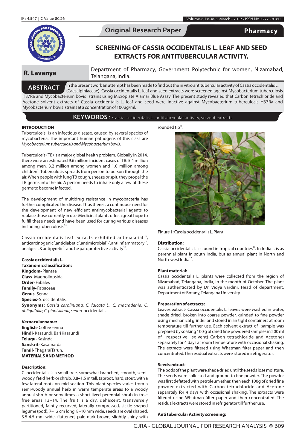 Screening of Cassia Occidentalis L. Leaf and Seed Extracts for Antitubercular Activity