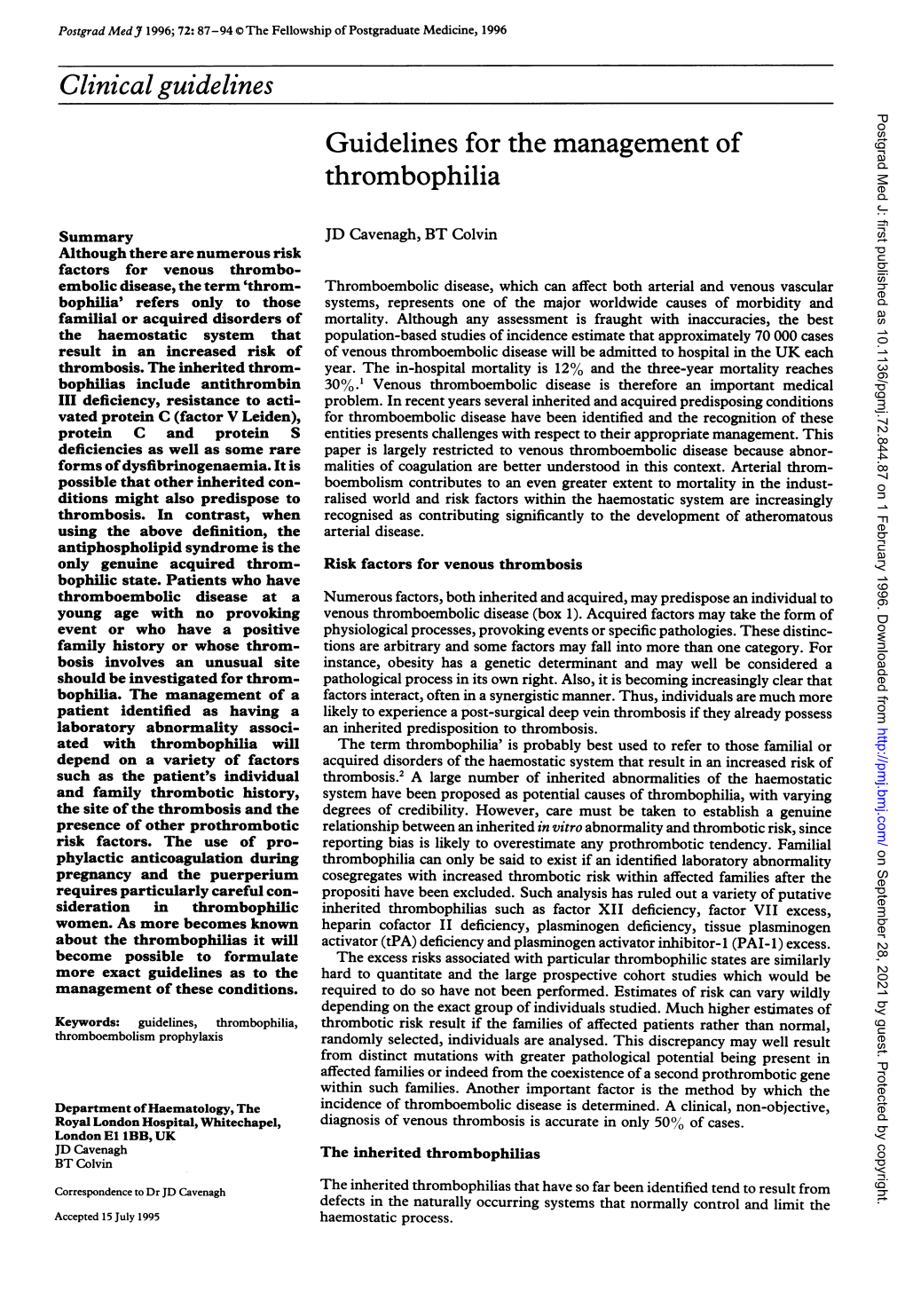 Clinical Guidelines Postgrad Med J: First Published As 10.1136/Pgmj.72.844.87 on 1 February 1996