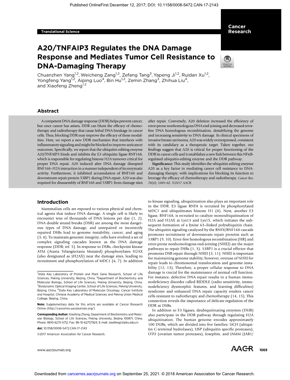 A20/TNFAIP3 Regulates the DNA Damage Response and Mediates