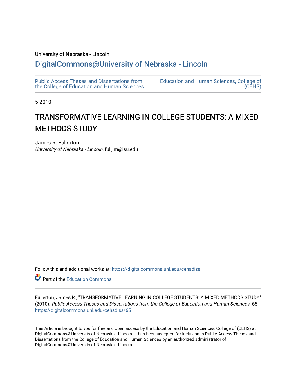 Transformative Learning in College Students: a Mixed Methods Study