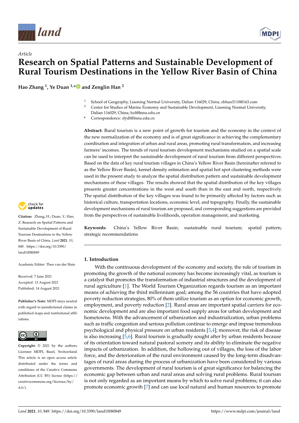 Research on Spatial Patterns and Sustainable Development of Rural Tourism Destinations in the Yellow River Basin of China
