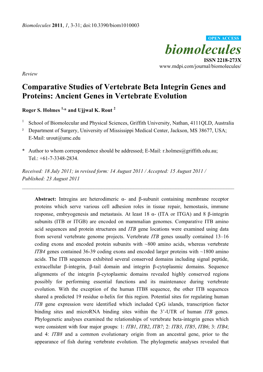 Comparative Studies of Vertebrate Beta Integrin Genes and Proteins: Ancient Genes in Vertebrate Evolution