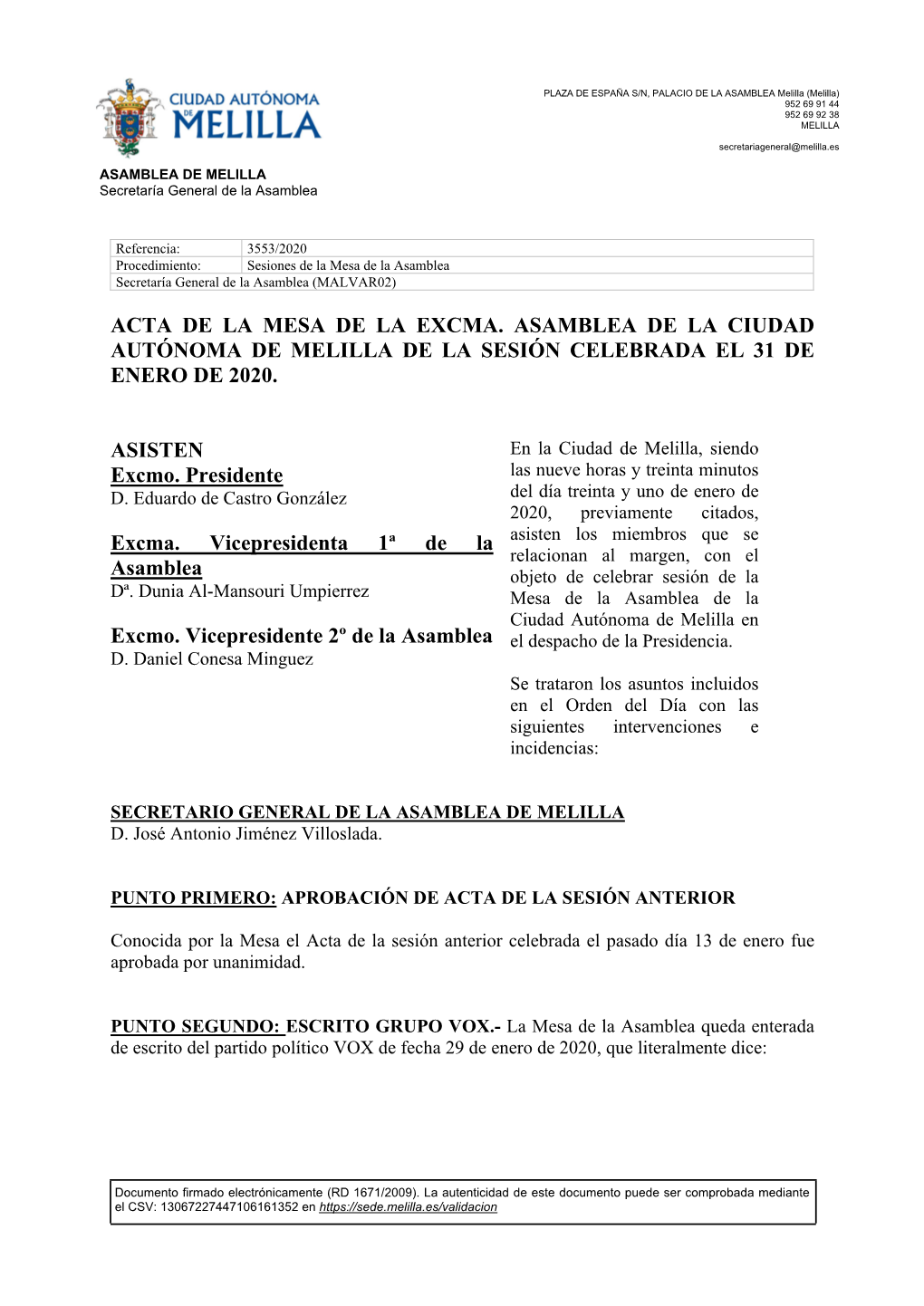 Acta De La Mesa De La Excma. Asamblea De La Ciudad Autónoma De Melilla De La Sesión Celebrada El 31 De Enero De 2020