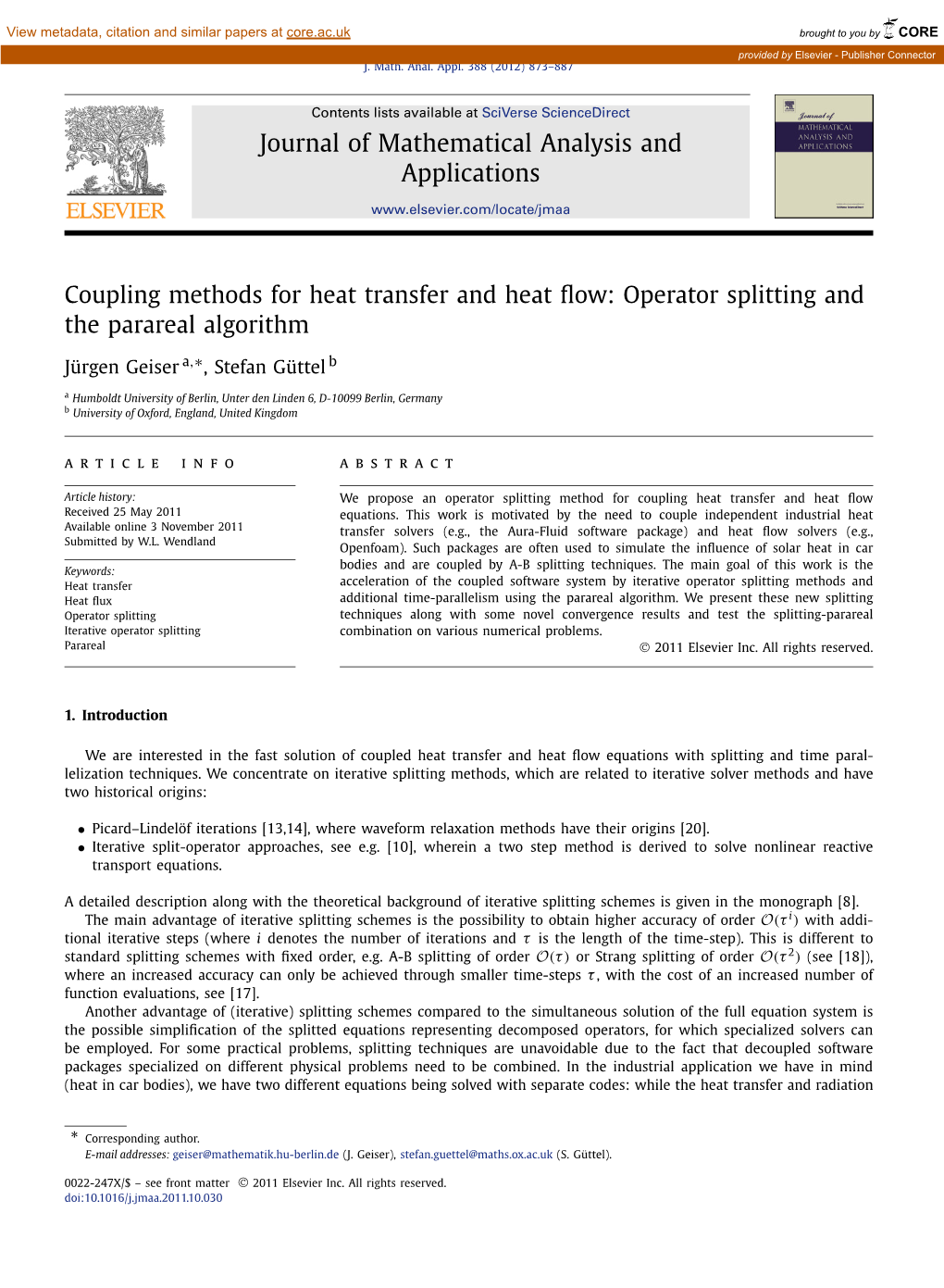 Operator Splitting and the Parareal Algorithm ∗ Jürgen Geiser A, , Stefan Güttel B