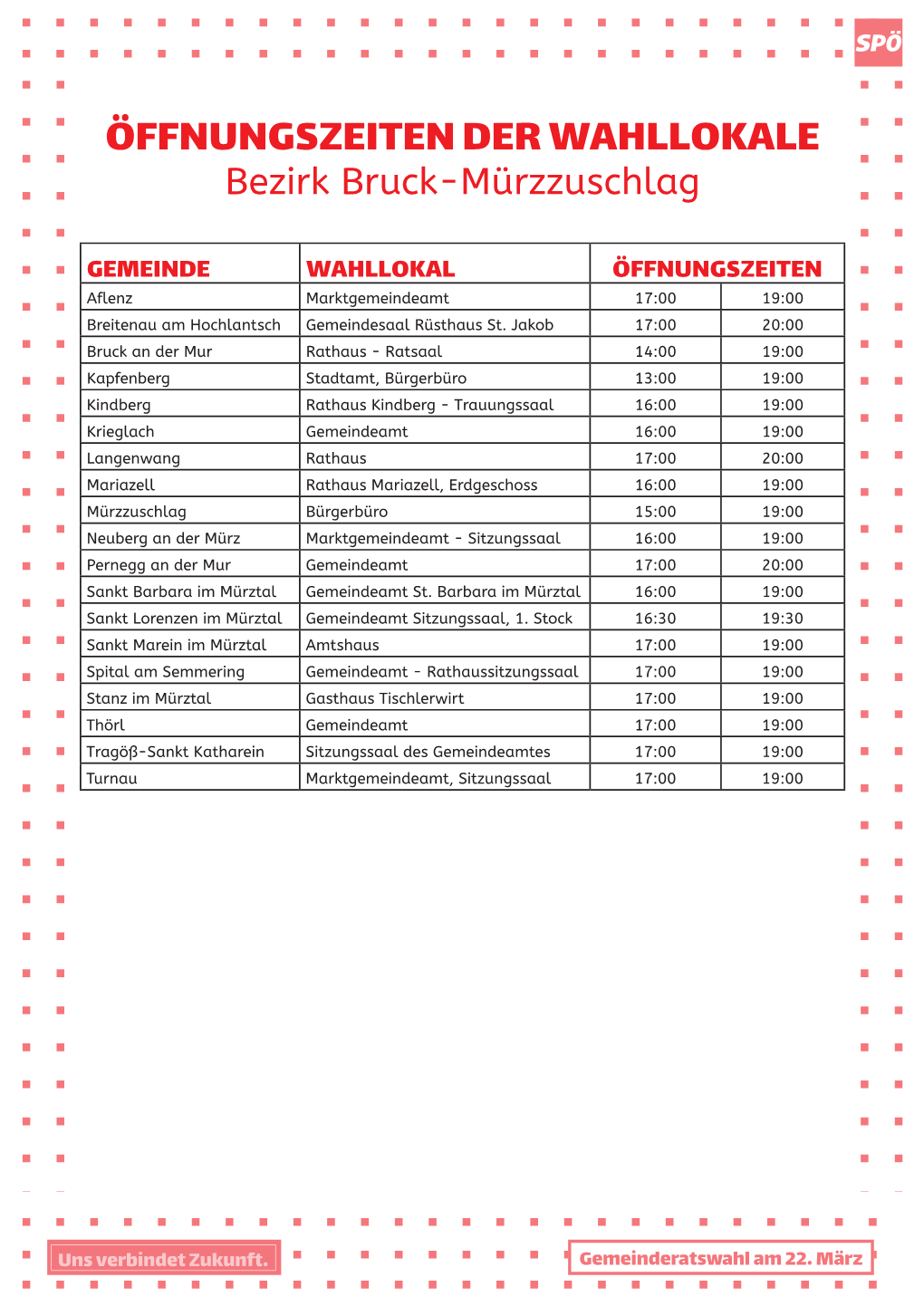 ÖFFNUNGSZEITEN DER WAHLLOKALE Bezirk Bruck-Mürzzuschlag