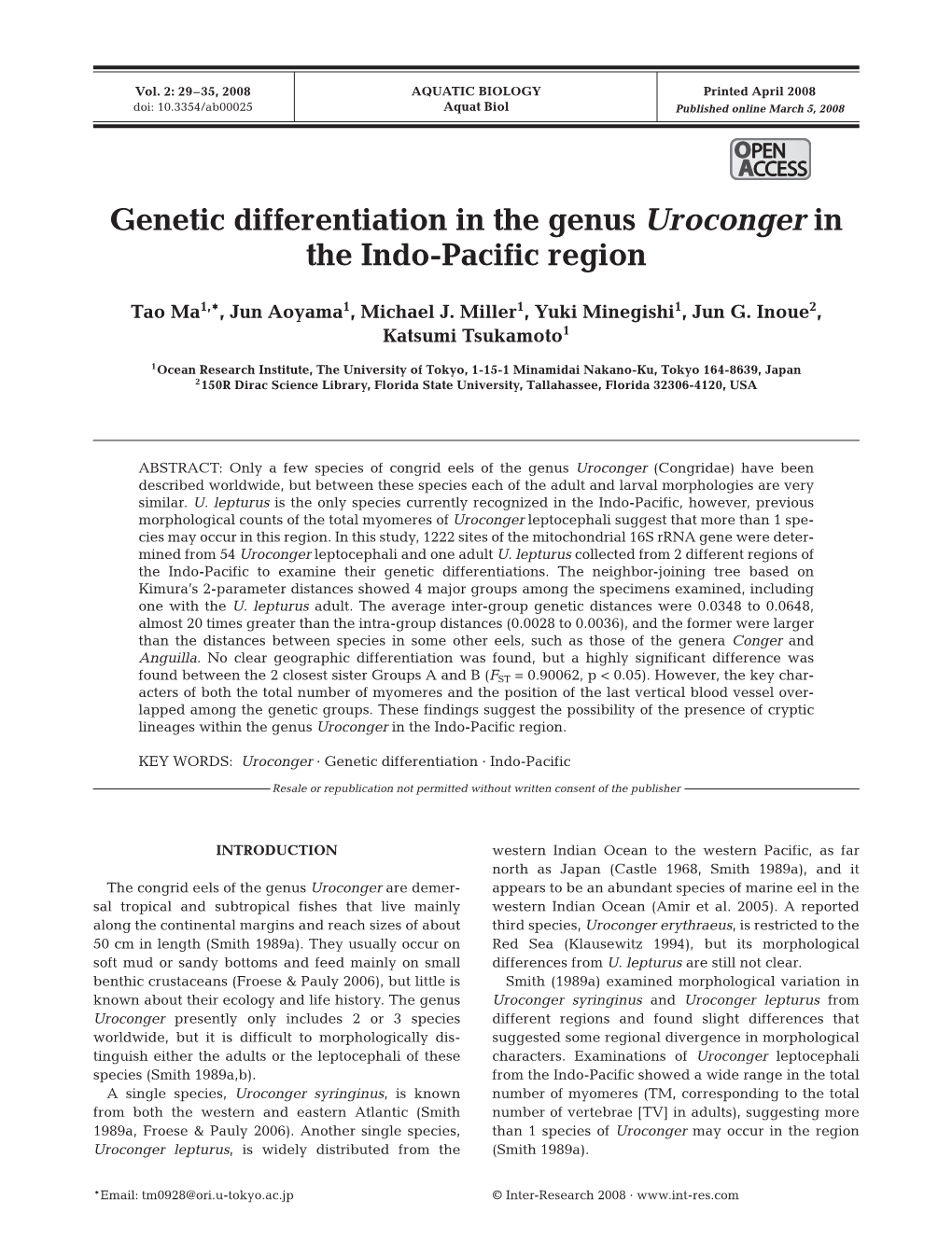 Genetic Differentiation in the Genus Uroconger in the Indo-Pacific Region