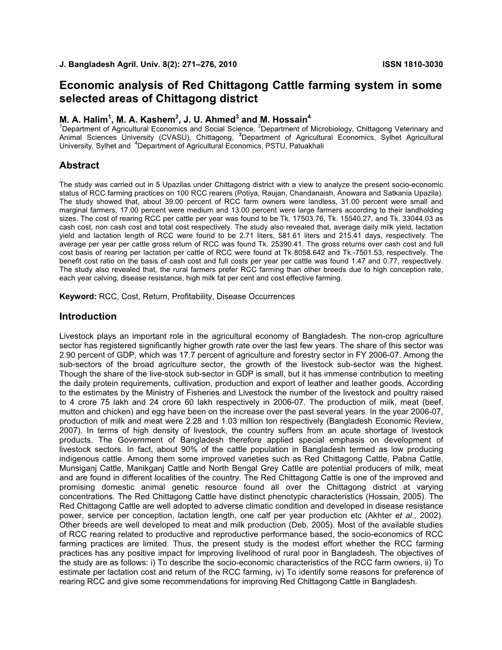 Economic Analysis of Red Chittagong Cattle Farming System in Some Selected Areas of Chittagong District