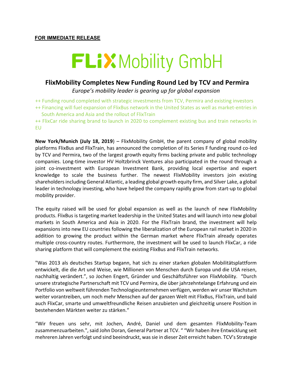Flixmobility Completes New Funding Round Led by TCV and Permira