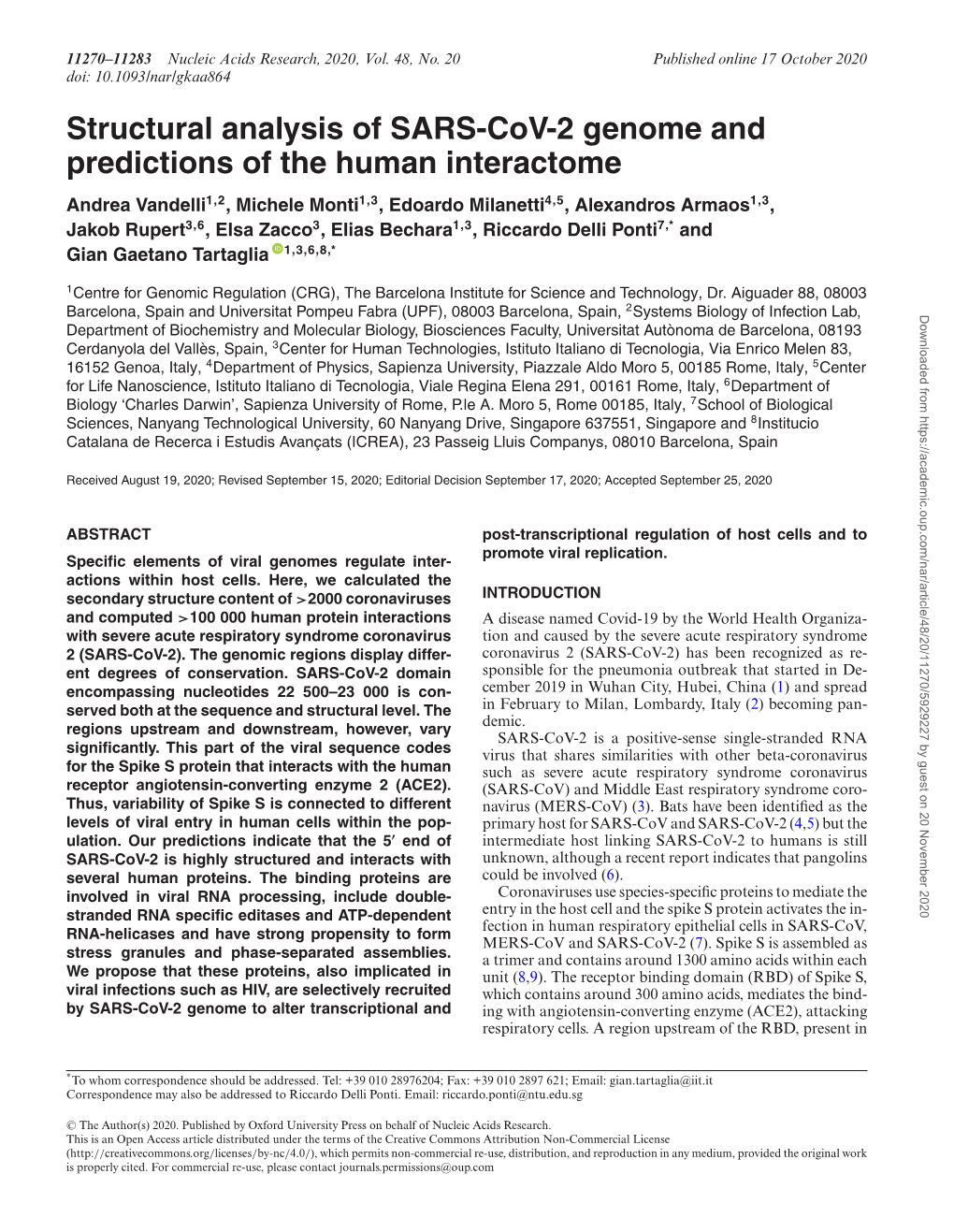 Structural Analysis of SARS-Cov-2 Genome and Predictions of the Human Interactome