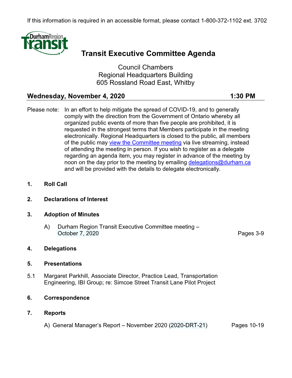 Durham Regiom Transit Executive Committee Agenda