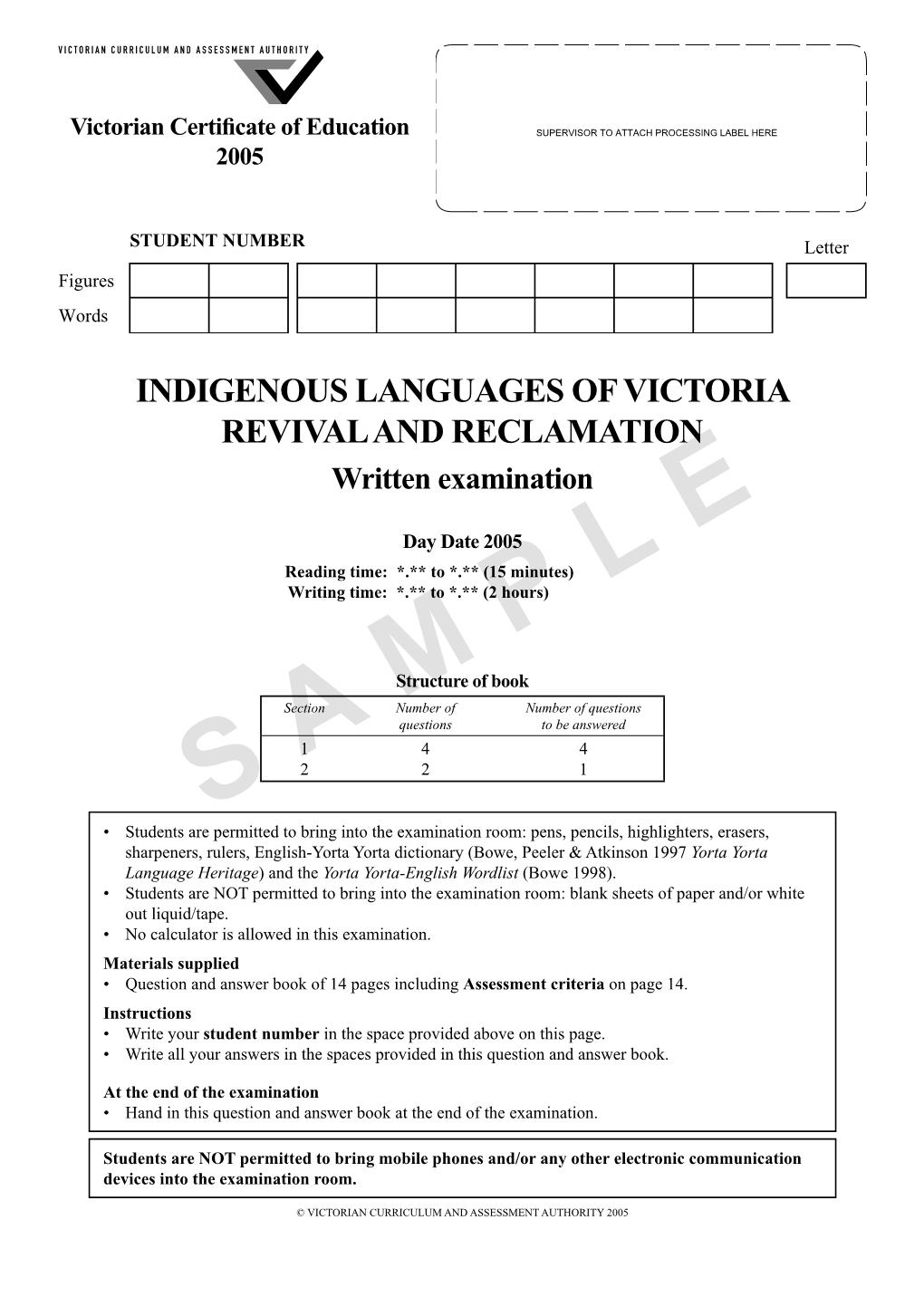 INDIGENOUS LANGUAGES of VICTORIA REVIVAL and RECLAMATION Written Examination