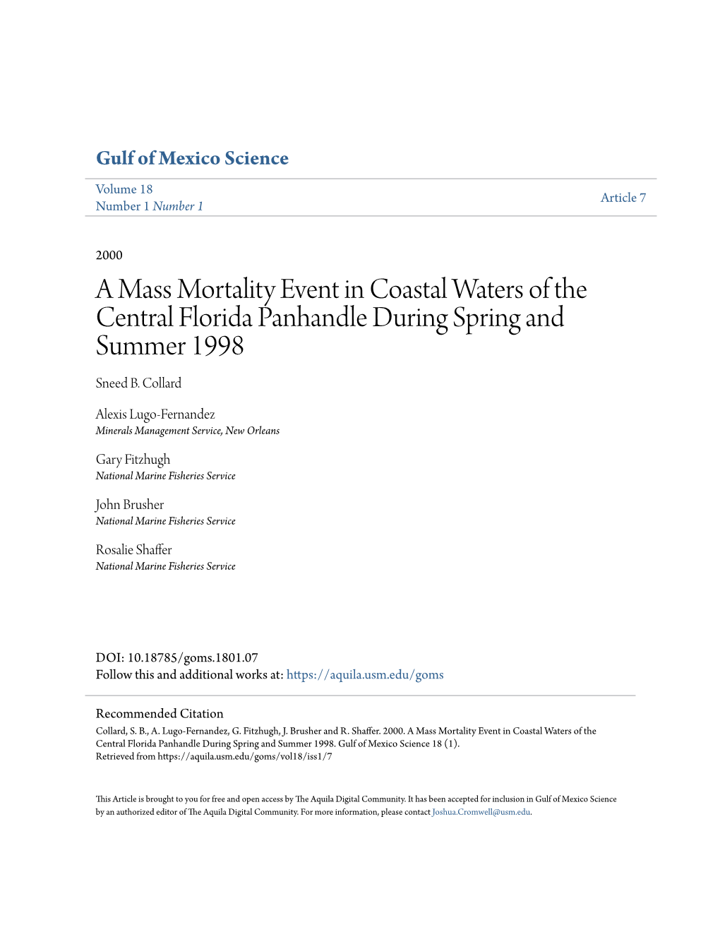 A Mass Mortality Event in Coastal Waters of the Central Florida Panhandle During Spring and Summer 1998 Sneed B