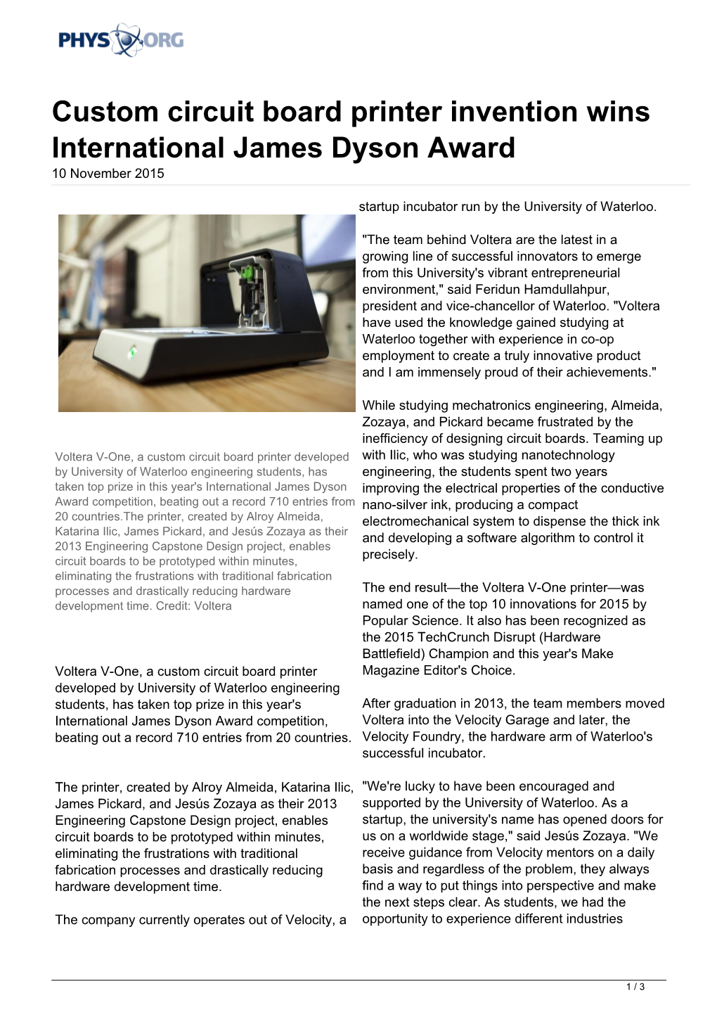 Custom Circuit Board Printer Invention Wins International James Dyson Award 10 November 2015