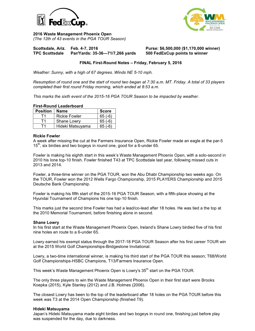 2016 Waste Management Phoenix Open (The 12Th of 43 Events in the PGA TOUR Season)