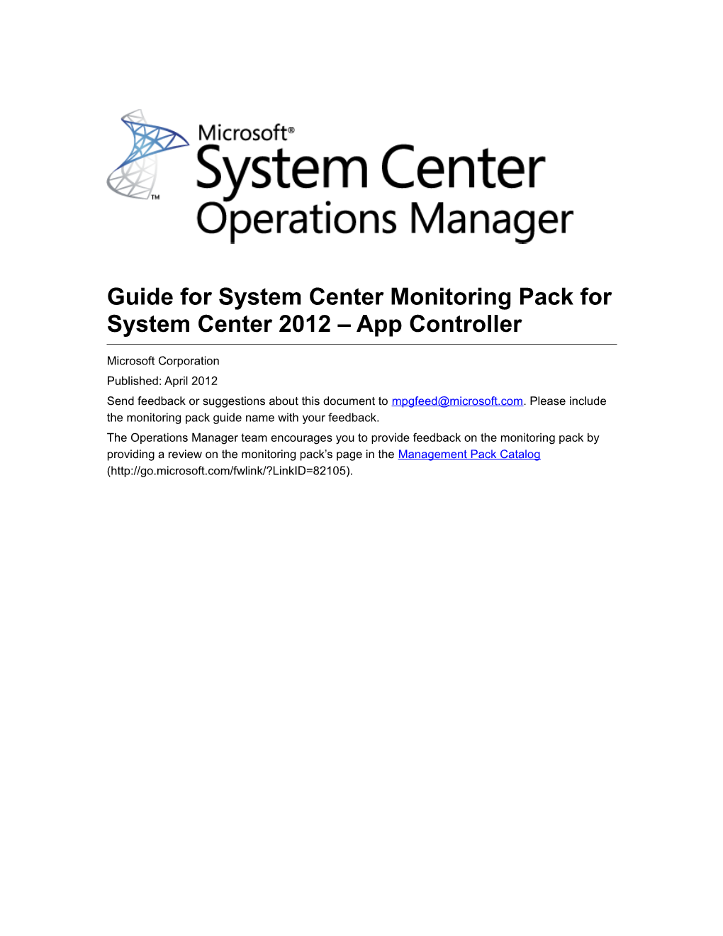 Guide for System Center Monitoring Pack for System Center 2012 App Controller