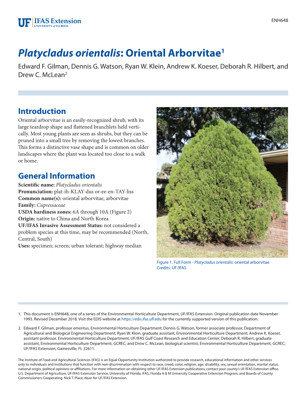 Platycladus Orientalis: Oriental Arborvitae1 Edward F